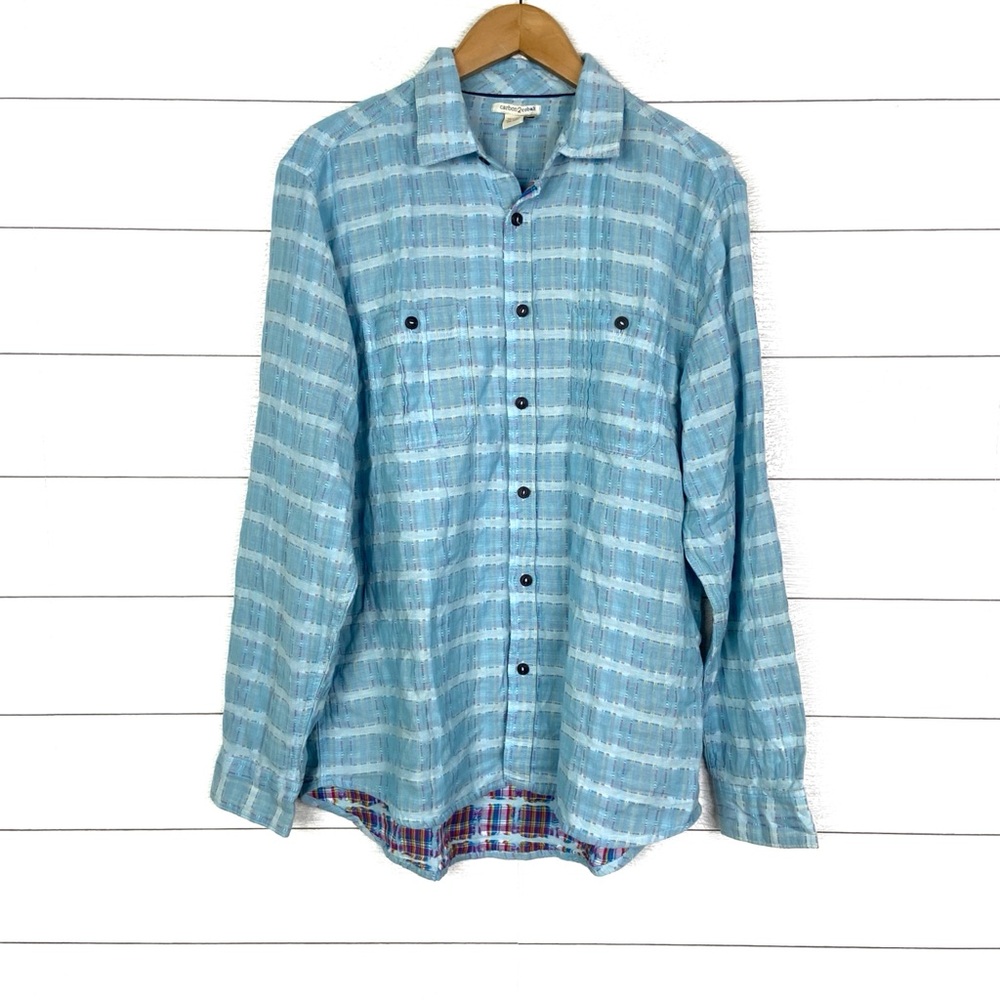 CARBON2COBALT Sea Change Chambray Shirt Blue Colorful Check Plaid Medium Tall